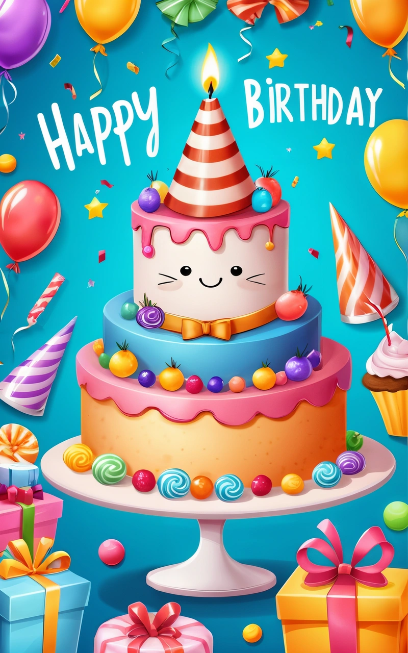 A Birthday cake with a happy face on it and balloons and gifts around it, and a blue background with a happy Birthday message on it, plain background, a pastel, naive art