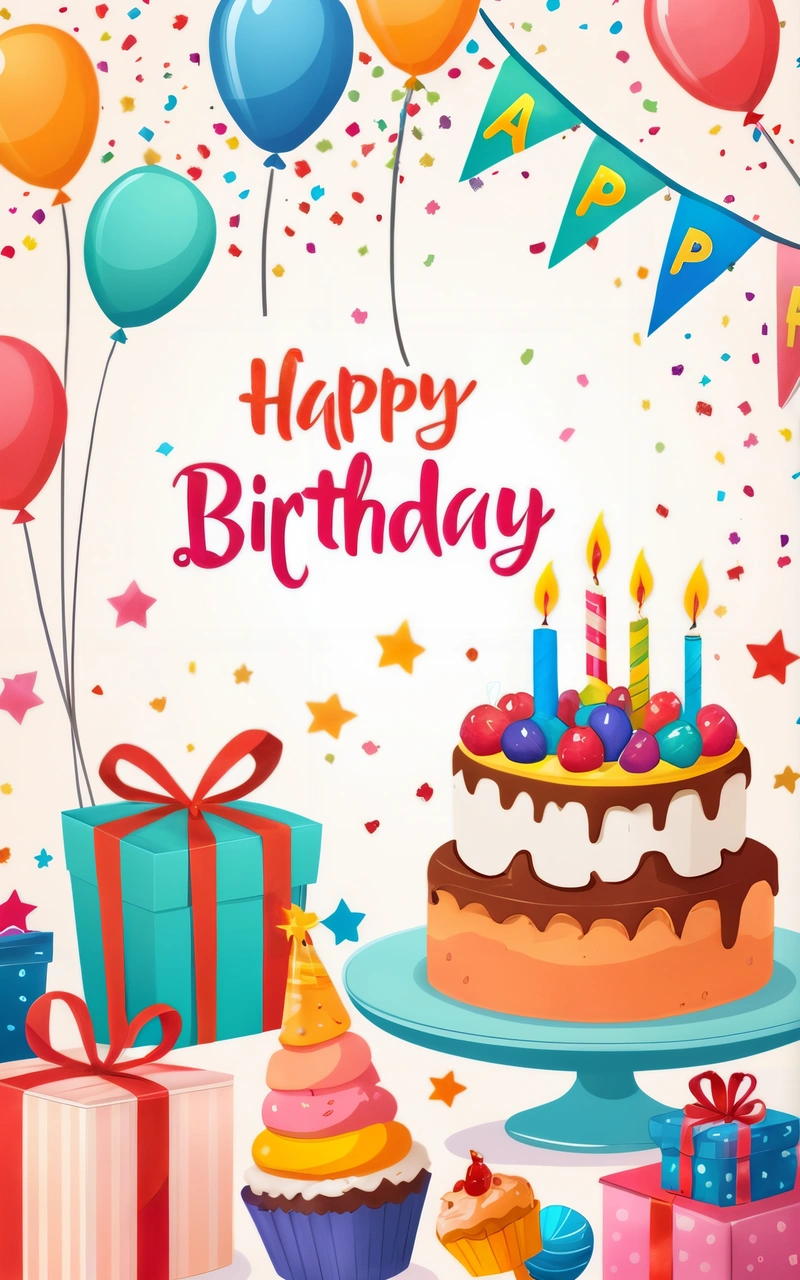 A Birthday cake with candles and presents on a table with balloons and streamers around it and a happy Birthday message on the top of the cake, plain background, a pastel, international typographic style