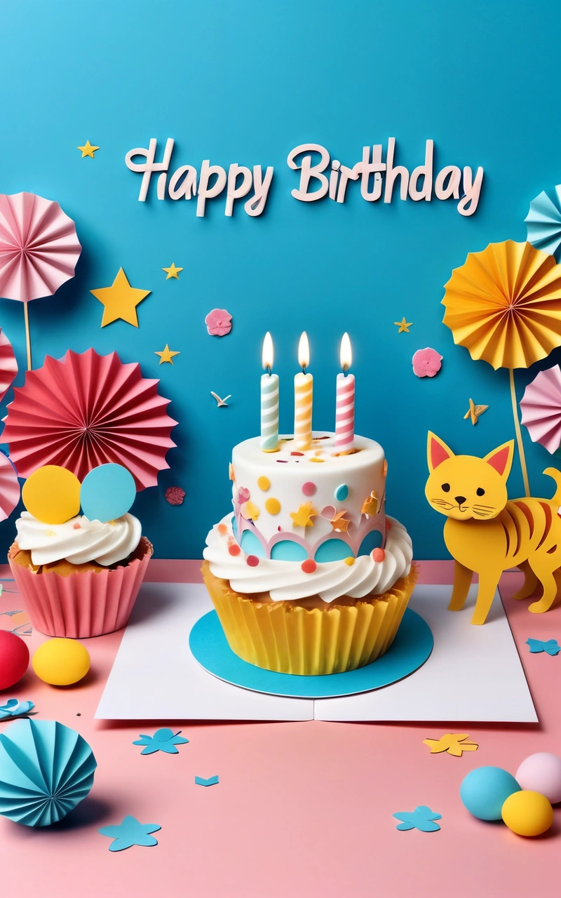 A Birthday cake with candles and decorations on a table with a blue background and a pink and blue backdrop with stars and umbrellas and a cat, plain background, a pastel, naive art