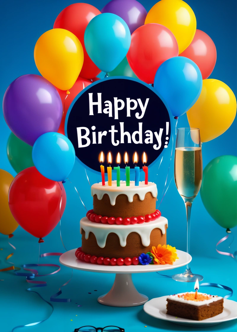 A Birthday cake with candles and balloons in the background with a happy Birthday sign on it and a glass of champagne in front of it, plain background, a pastel, international typographic style