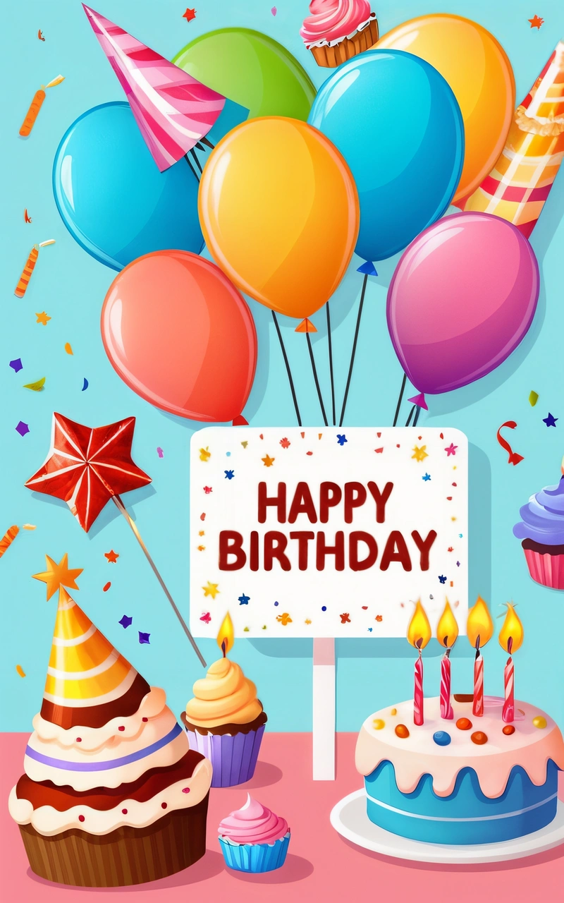 A Birthday card with a cake and cupcakes and balloons on a table with a sign that says happy Birthday on it and a lot of balloons, plain background, a pastel, naive art