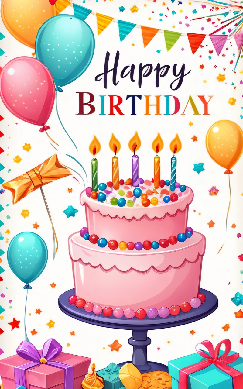 A Birthday card with a cake and balloons on it and a gift box and a bunch of balloons on the table with a bow and a star, plain background, a pastel, barbizon school