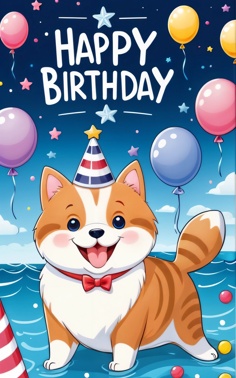 A happy Birthday card with a cartoon cat wearing a party hat and balloons in the background, with a message that reads happy Birthday to you, plain background, a comic book panel, furry art