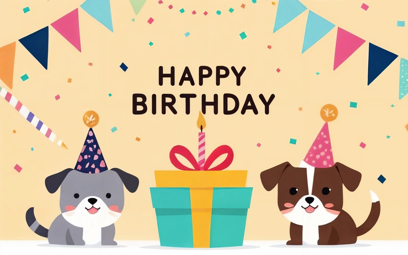 A Birthday card with two dogs and a gift box with a candle and a party hat on it, and a banner with a dog and a Birthday hat, plain background, a digital rendering, naive art