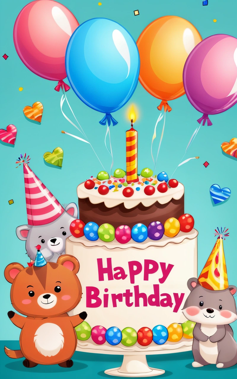 A Birthday cake with balloons and animals on it with a happy Birthday sign in the middle of the cake and balloons floating around it,, happy, a pastel, naive art