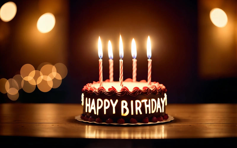 A Birthday cake with lit candles on a table with blurry lights in the background and a blurry boke of lights in the background, happy, a pastel, dau-al-set