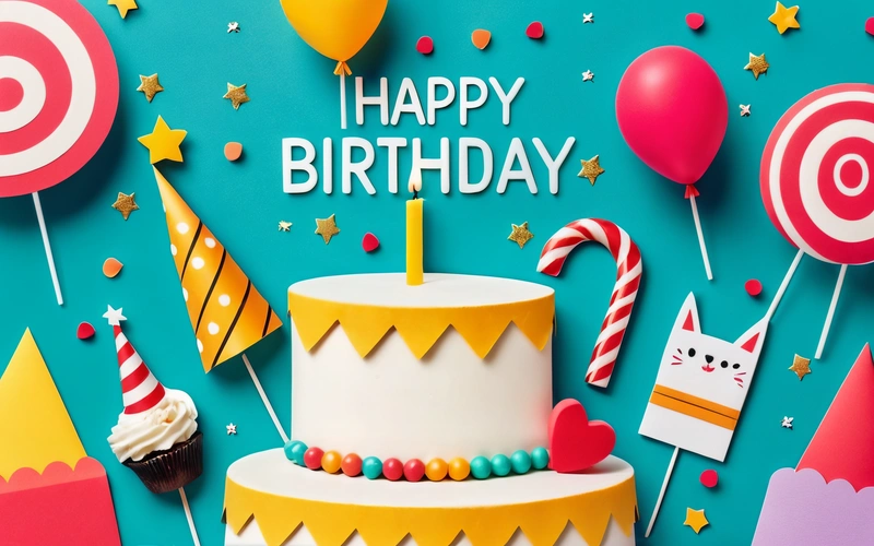 A Birthday cake with a lot of candy and balloons around it on a blue background with a happy Birthday message on top of it that says happy Birthday, plain background, a pastel, international typographic style