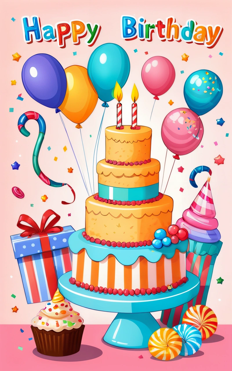 A Birthday card with a cake and balloons on it and a gift box in front of it with a candle and a ribbon on the bottom, plain background, a pastel, naive art