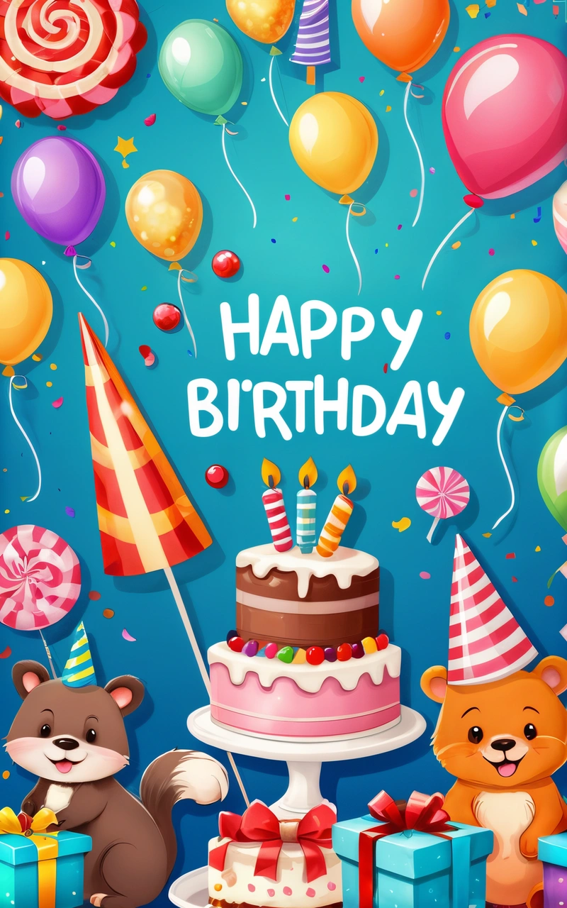 A Birthday card with a bear and a cake with balloons and a flag on it and a bear holding a gift box with a flag, plain background, a pastel, naive art