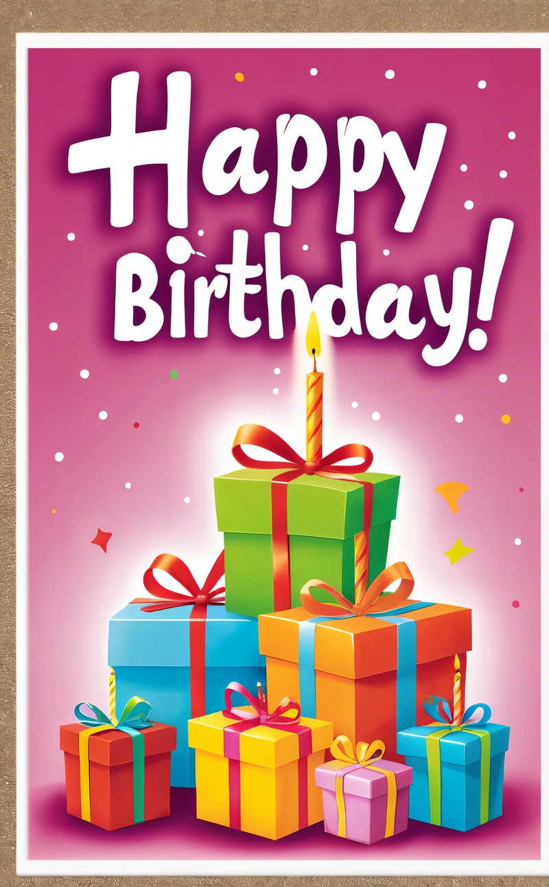 A Birthday card with a stack of presents and a candle on top of it with the words happy Birthday written on it in white lettering, plain background, a pastel, american barbizon school