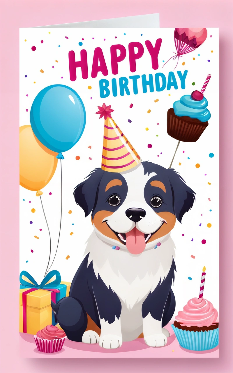A card with a dog and a Birthday hat on it's head and a cupcake with a candle and a balloon on top, plain background, a digital rendering, furry art
