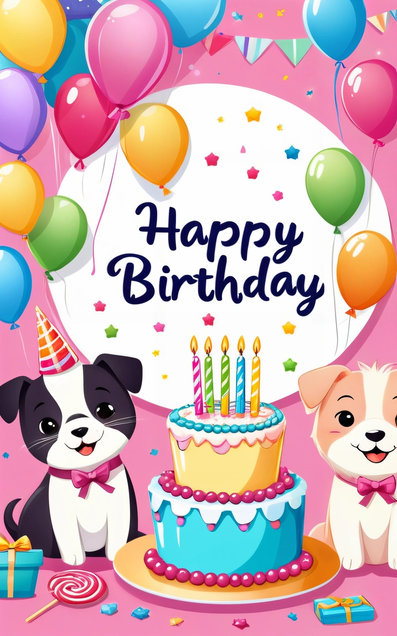 A Birthday card with two dogs and a cake with candles and balloons on it, and a sign that says happy Birthday with two dogs, cute and funny, a pastel, naive art