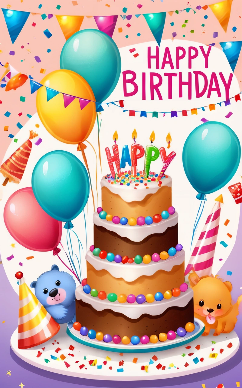 A Birthday cake with balloons and a bear on it with a happy Birthday message in the middle of the card, with a bear and balloons, plain background, a pastel, naive art