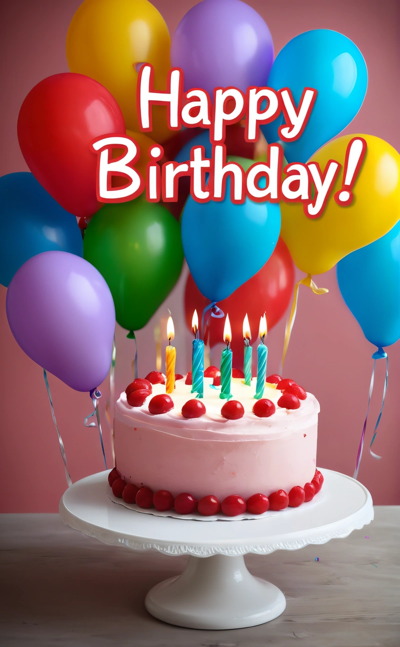 A Birthday cake with candles and balloons on a table with a happy Birthday message on it that says happy Birthday with a lot of balloons, plain background, a pastel, american barbizon school