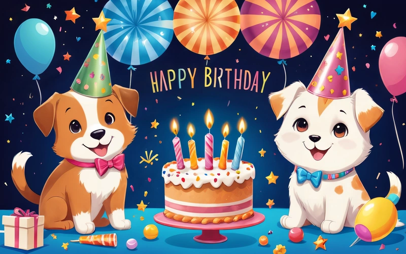 Two dogs are sitting in front of a Birthday cake with candles and balloons on it, and a gift box is in front of them, plain background, a digital rendering, naive art