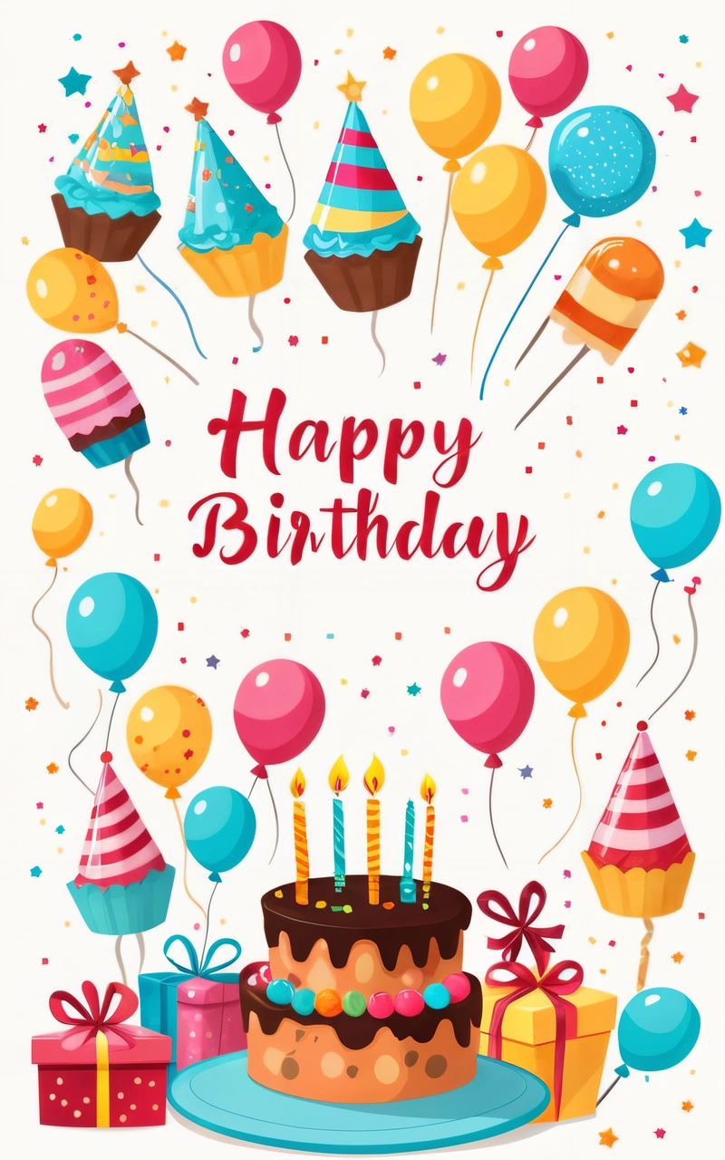 A Birthday card with a cake and balloons on it with the words happy Birthday written in red and blue on the front of the card, plain background, a pastel, naive art