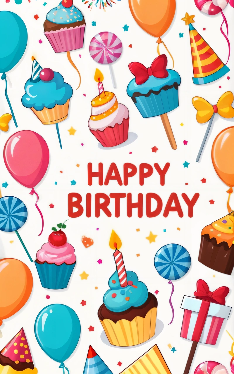 A Birthday card with a bunch of cupcakes and balloons on it, and a happy Birthday message in the middle of the card, plain background, a pastel, naive art