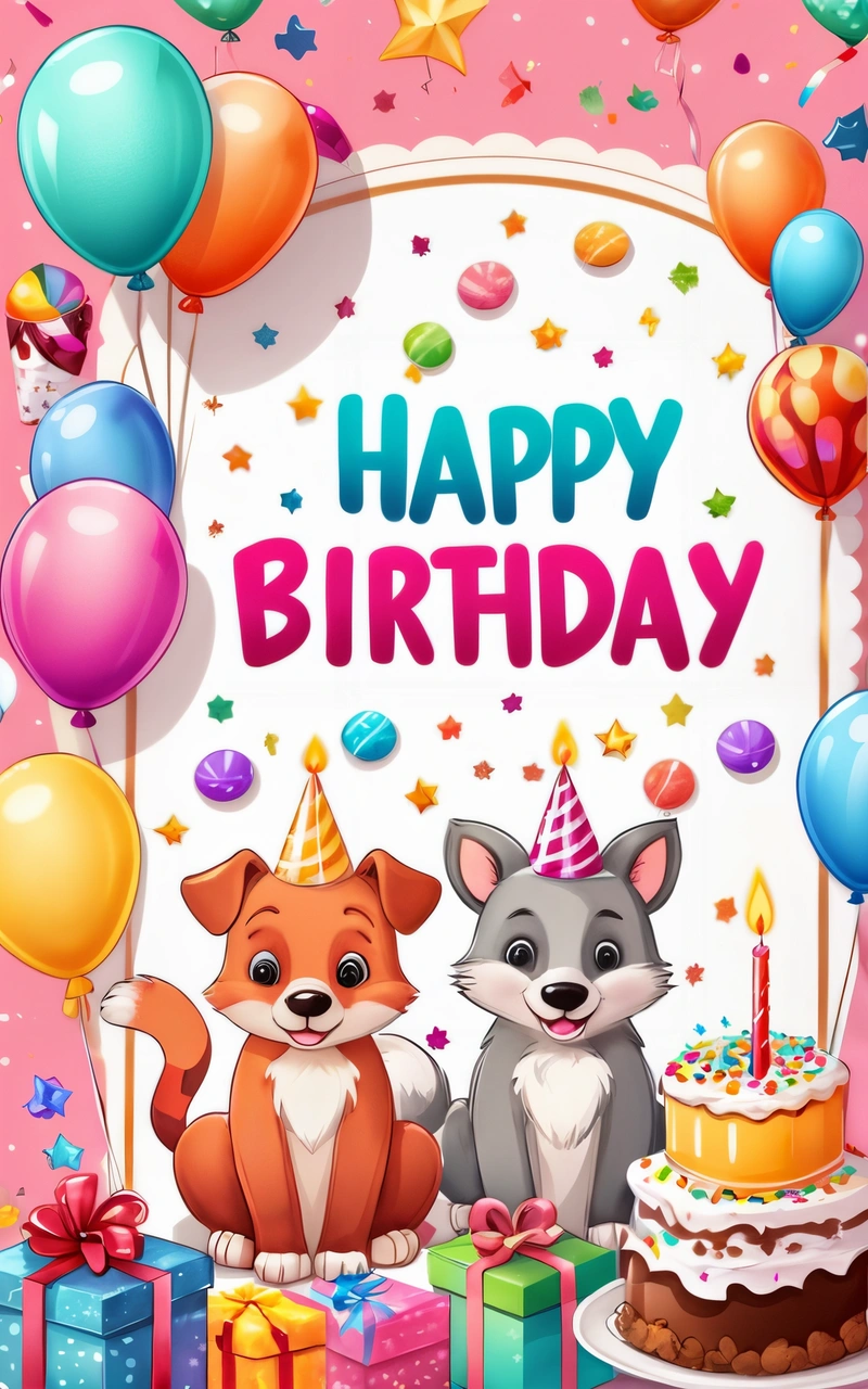 A Birthday card with two dogs and a cake with candles and balloons on a pink background with a happy Birthday message in the center of the card, plain background, a pastel, naive art