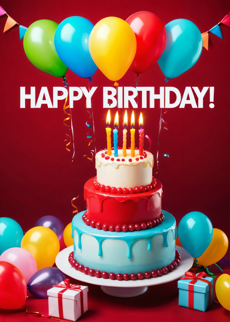 A Birthday cake with candles and balloons on a table with a red background and a happy Birthday sign above it that says happy Birthday with balloons, plain background, a pastel, american barbizon school