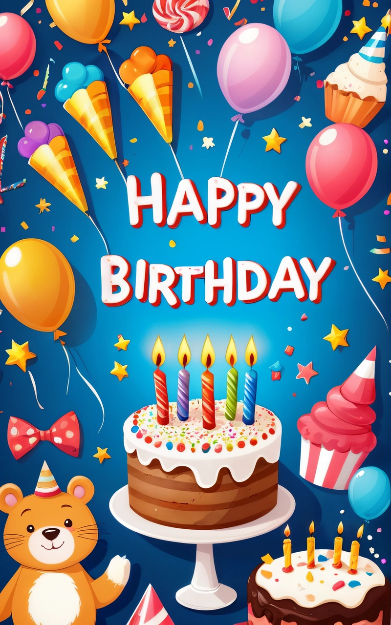 A Birthday card with a cake and balloons and a teddy bear with a bow tie and a teddy bear with a bow tie and a Birthday hat, plain background, a pastel, american barbizon school