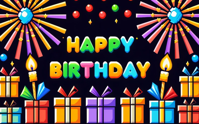 A Birthday card with a fireworks and presents on it with the words happy Birthday written in bright colors on a black background with fireworks and gifts, plain background, computer graphics, international typographic style