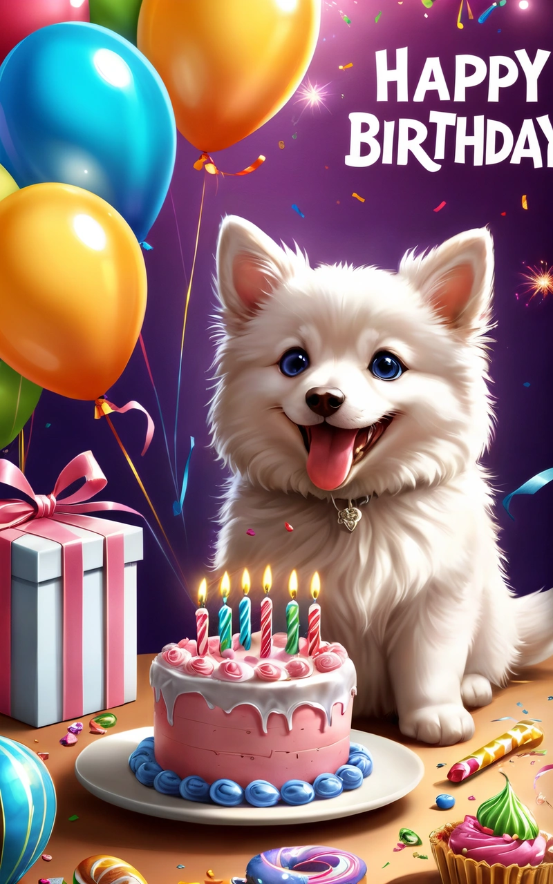 A happy Birthday card with a white dog and a Birthday cake with candles and balloons on a table with a gift box and a bunch of balloons, cute and funny, a digital rendering, furry art