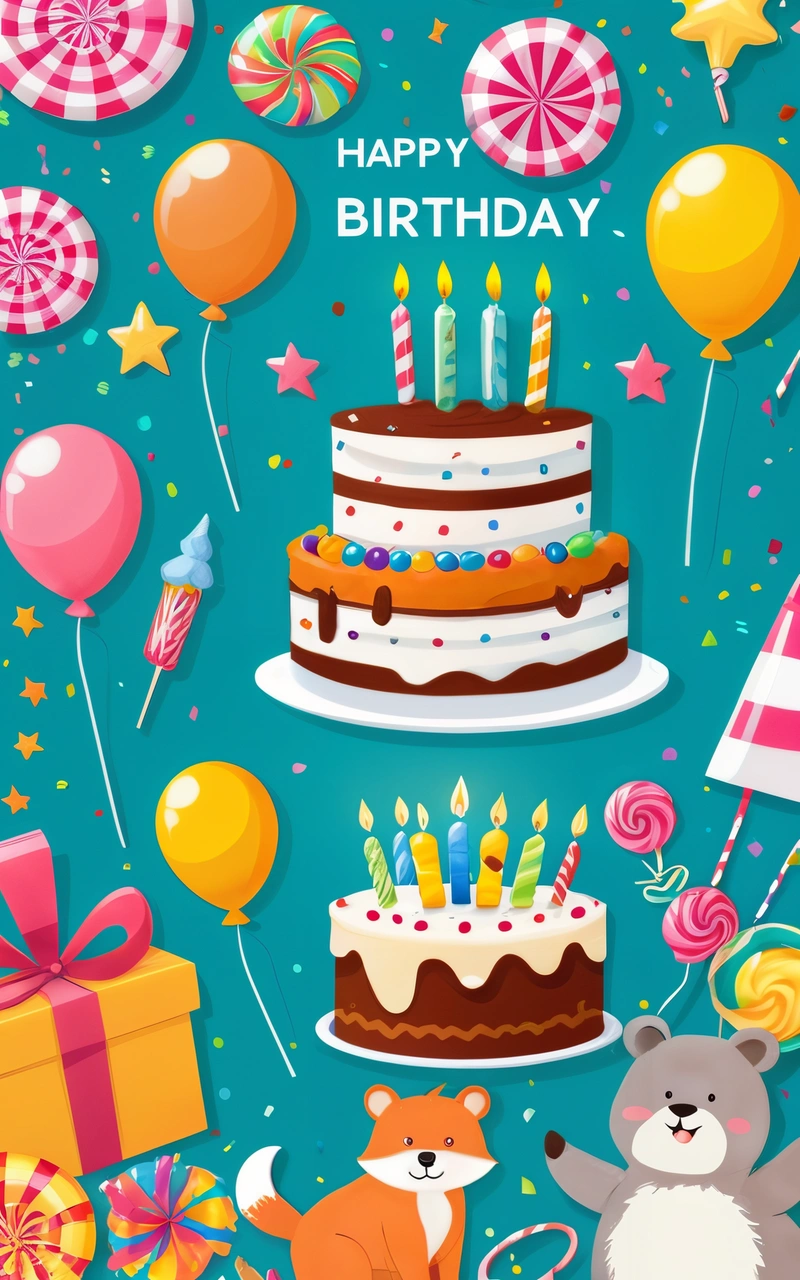 A Birthday card with a cake and a bear and balloons and a bear holding a Birthday cake with candles and balloons and a bear holding a bear, plain background, a pastel, naive art