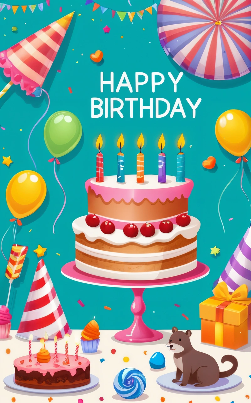 A Birthday card with a cake and a cat on a table with balloons and confetti and a umbrella in the background with a cat sitting on the table, colorful flat surreal design, a pastel, naive art