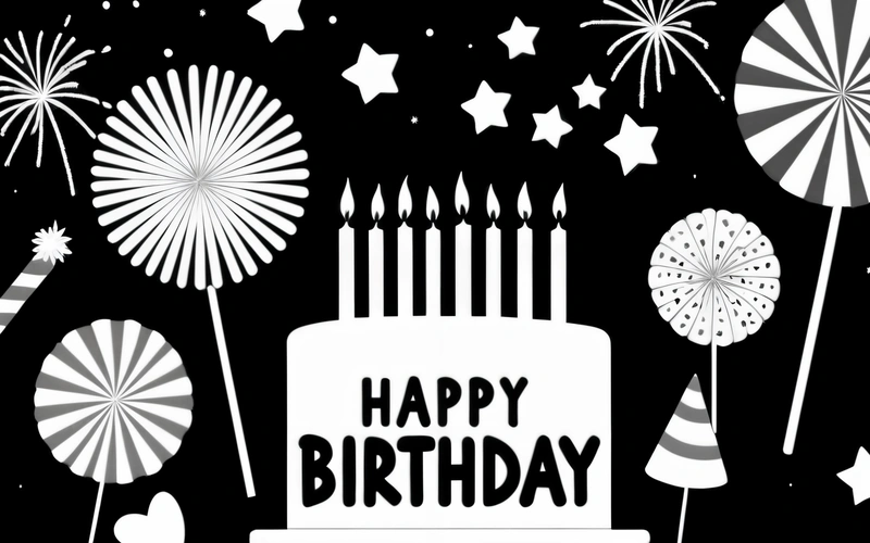 A Birthday cake with candles and fireworks on it with a happy Birthday message in the middle of the cake is a bunch of fireworks and a star, smooth and clean vector curves, a pastel, international typographic style