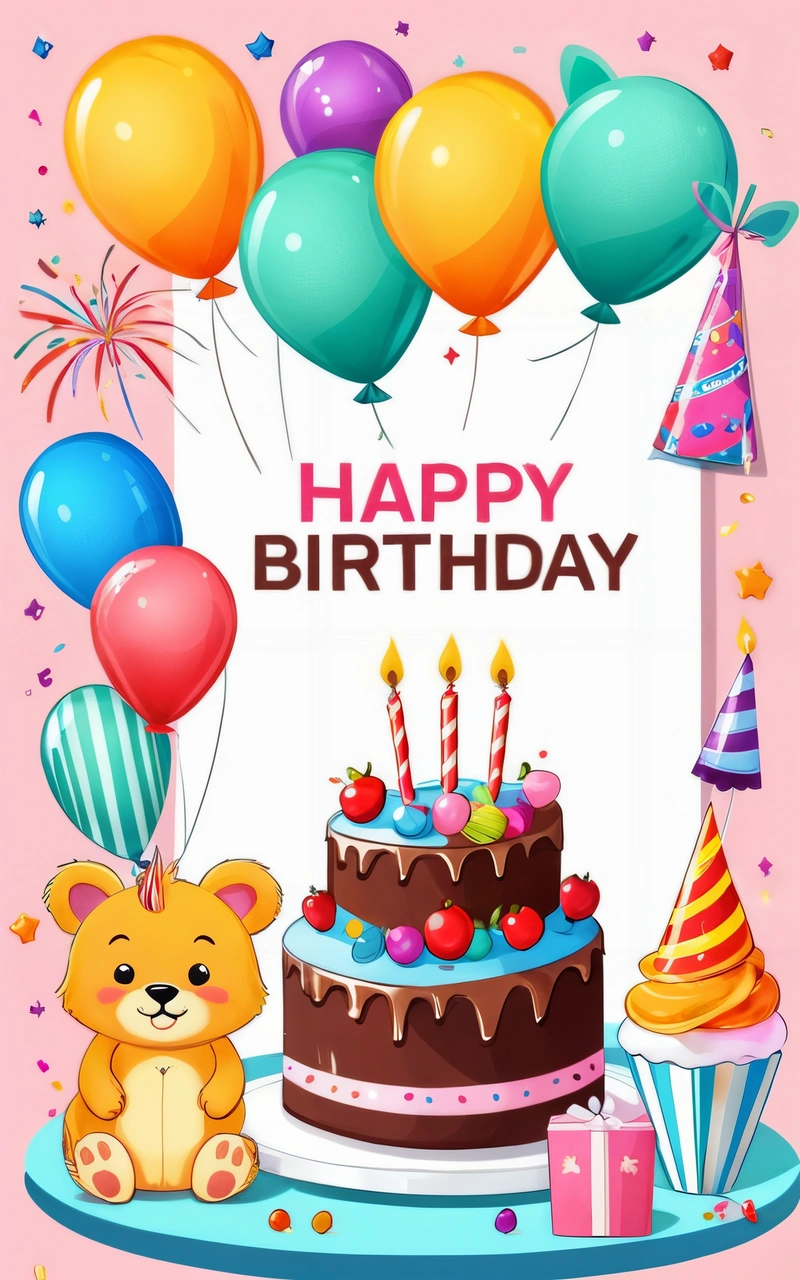 A Birthday card with a teddy bear and a cake with candles and balloons on it, and a sign that says happy Birthday with a bear, plain background, a pastel, naive art