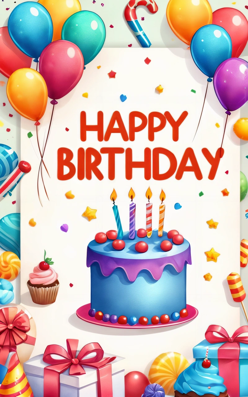 A Birthday card with a Birthday cake and balloons and presents on it, and a happy Birthday message in the middle of the card is a, plain background, a pastel, naive art