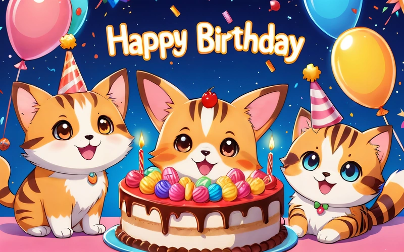 Three cats are sitting in front of a Birthday cake with candles and balloons on it, and the caption says happy Birthday, kitty, cute and funny, a detailed drawing, furry art