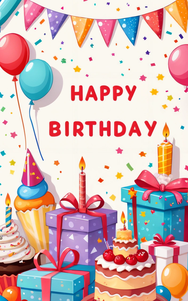 A Birthday card with a cake and presents on it and a banner with a happy Birthday message on it and balloons and streamers around it, plain background, a pastel, naive art