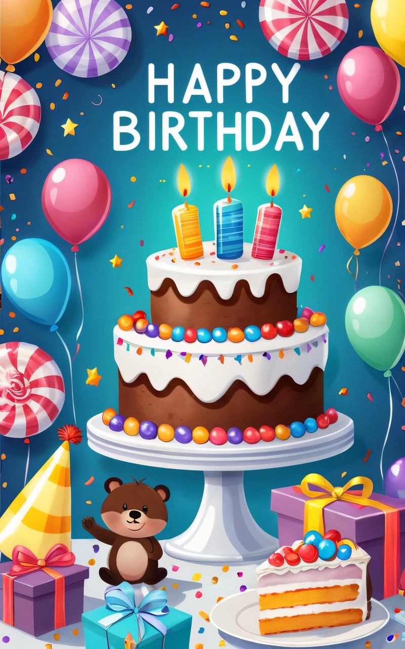 A Birthday card with a cake and a teddy bear on it with balloons and confetti around it and a blue background with a blue sky with stars and a few balloons, plain background, a pastel, naive art