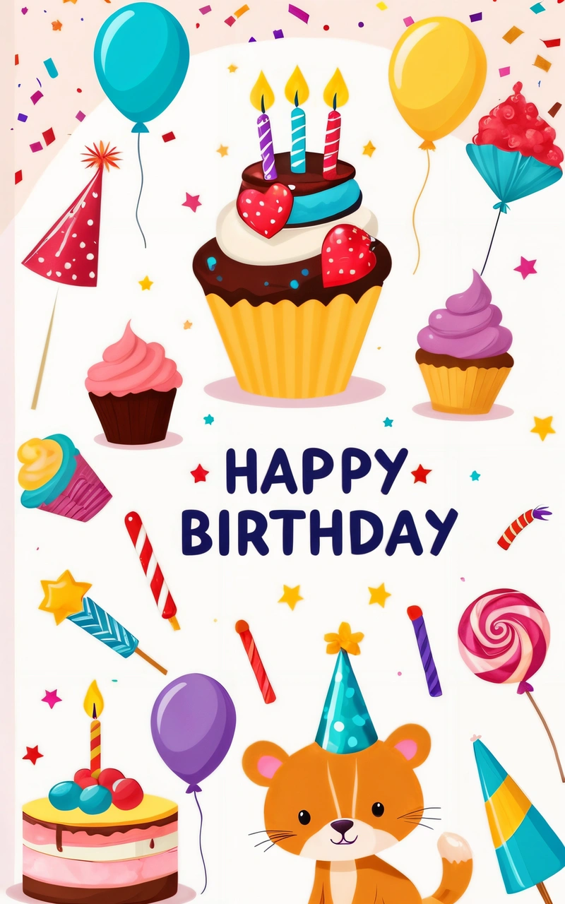 A Birthday card with a cartoon animal and cupcakes on it, and balloons and confetti on the side of the card, plain background, a pastel, naive art