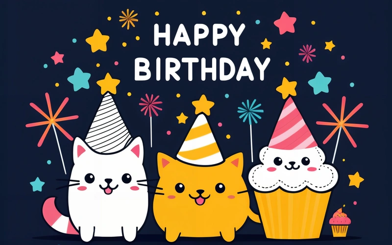 Three cats wearing party hats and holding a cupcake with a happy Birthday message on it's side, with fireworks and stars in the background, happy, a pastel, computer art