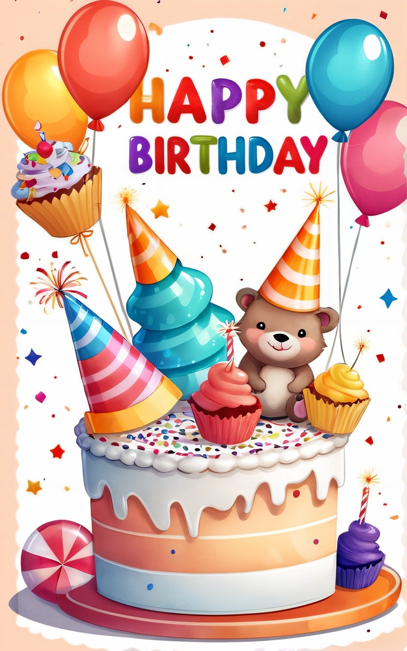 A Birthday card with a bear on a cake and balloons in the background with a happy Birthday message in the middle of the card is a, plain background, a pastel, naive art