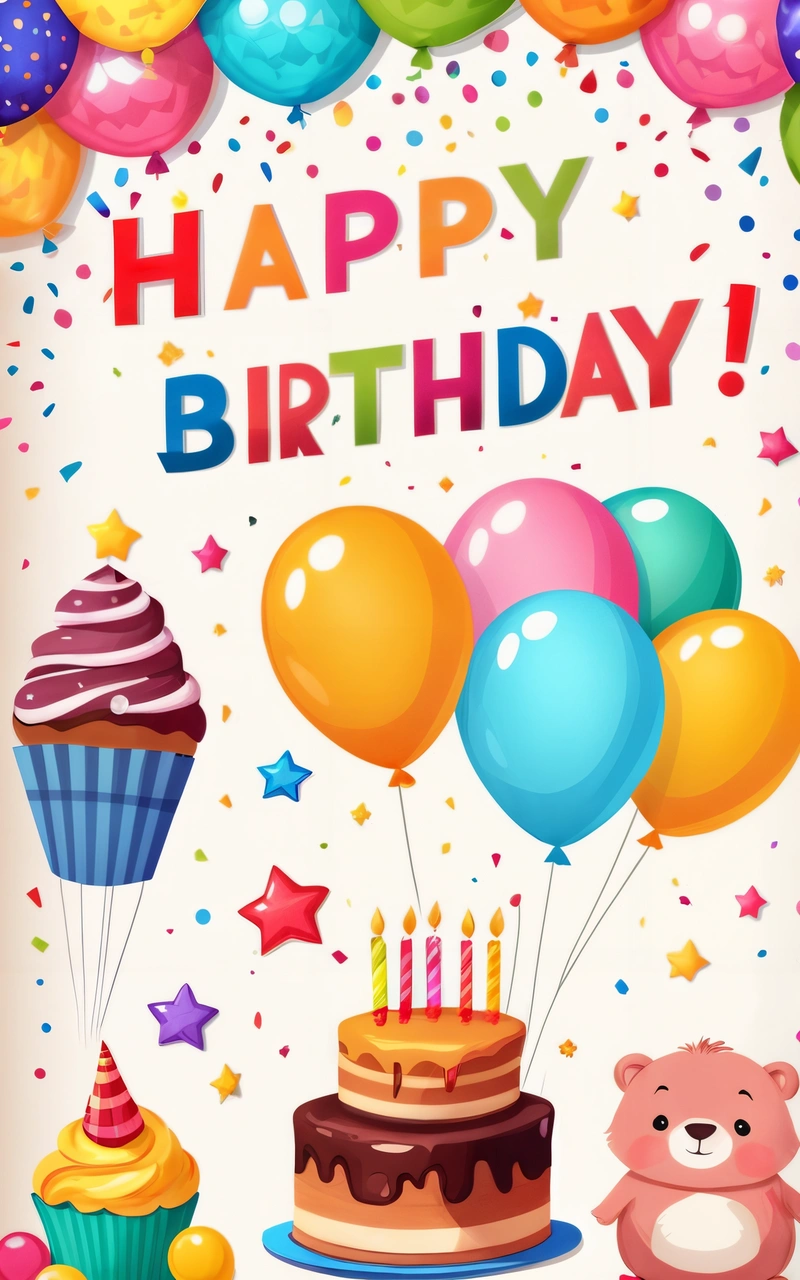 A Birthday card with a bear and balloons and a cake with candles and balloons on it, and a bear holding a bunch of balloons, plain background, a pastel, american barbizon school