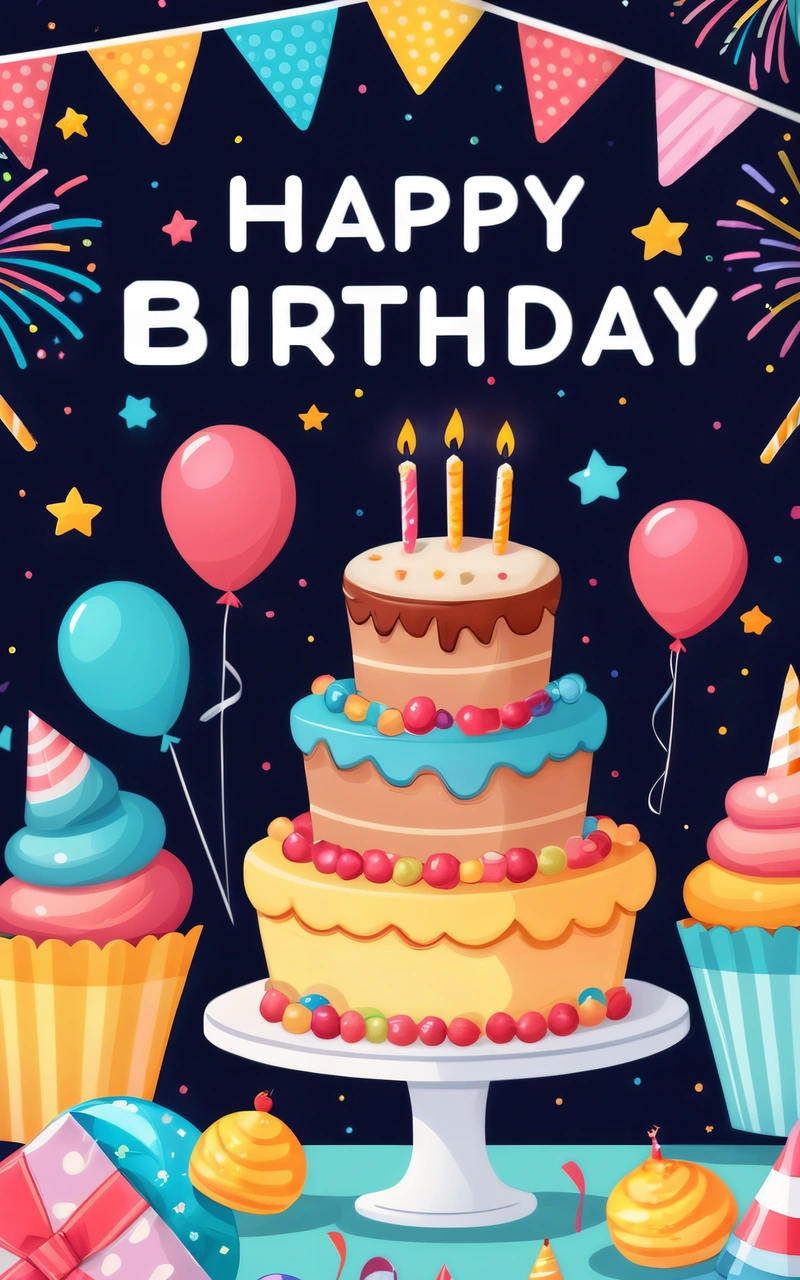A Birthday card with a cake and balloons on it with a happy Birthday message in the middle of the card is a Birthday cake with candles and balloons, plain background, a pastel, american barbizon school