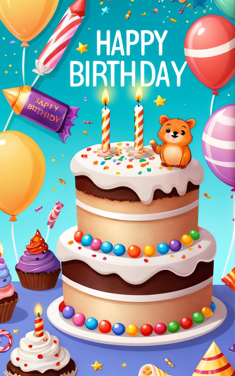 A Birthday cake with candles and balloons on it with a teddy bear on top of it and a banner with a happy Birthday message in the middle, happy, a screenshot, naive art