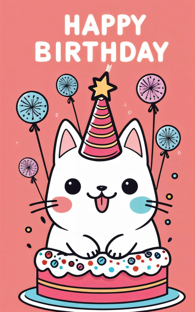 A Birthday card with a cat wearing a party hat and holding a cake with candles on it, and the words happy Birthday written in the middle, plain background, a pastel, furry art