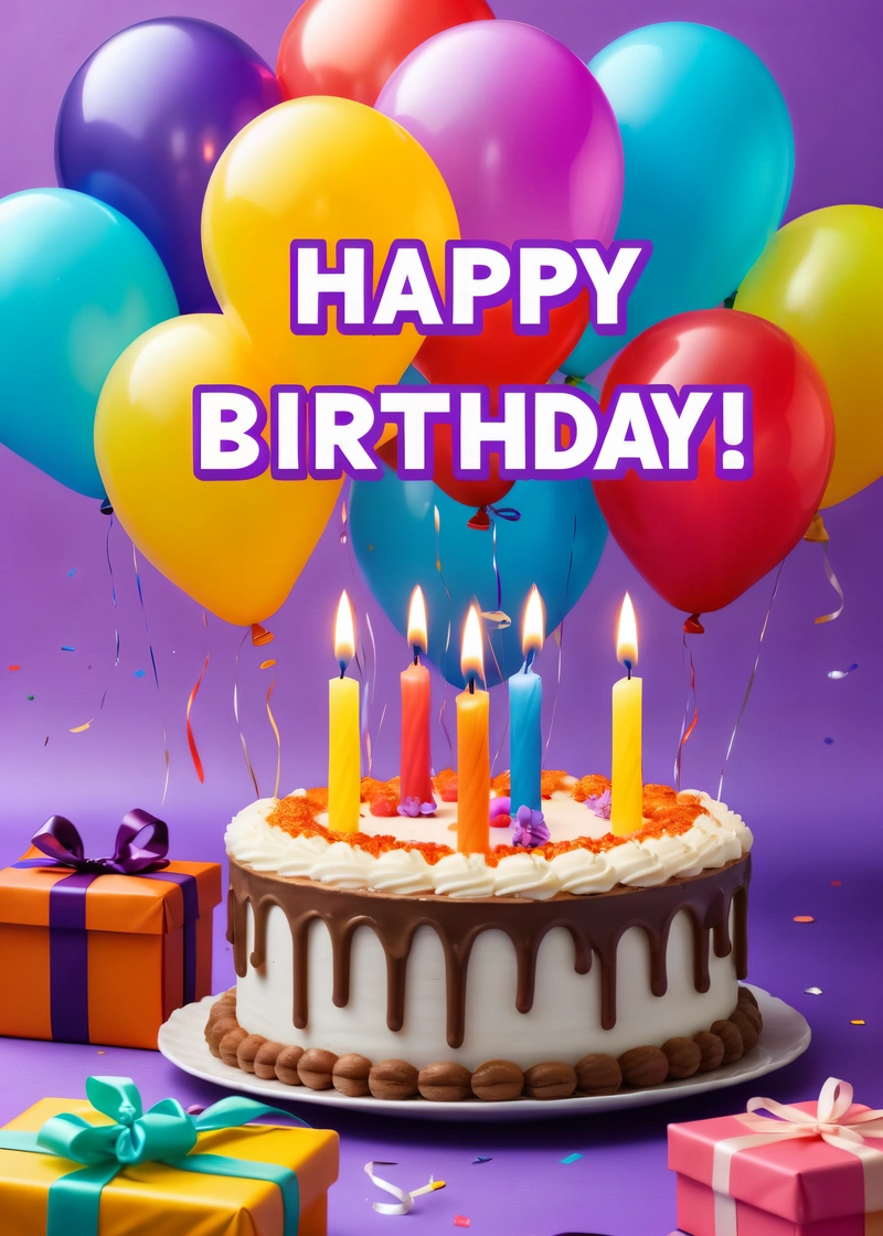 A Birthday cake with candles and balloons on it with a purple background and a purple box with a purple bow and a purple ribbon with a purple ribbon, purple, a pastel, american barbizon school