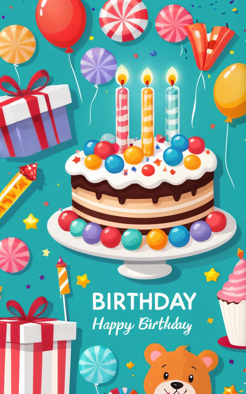 A Birthday card with a cake and balloons and a teddy bear on it with a gift box and a box of balloons and a teddy bear, colorful flat surreal design, a pastel, naive art