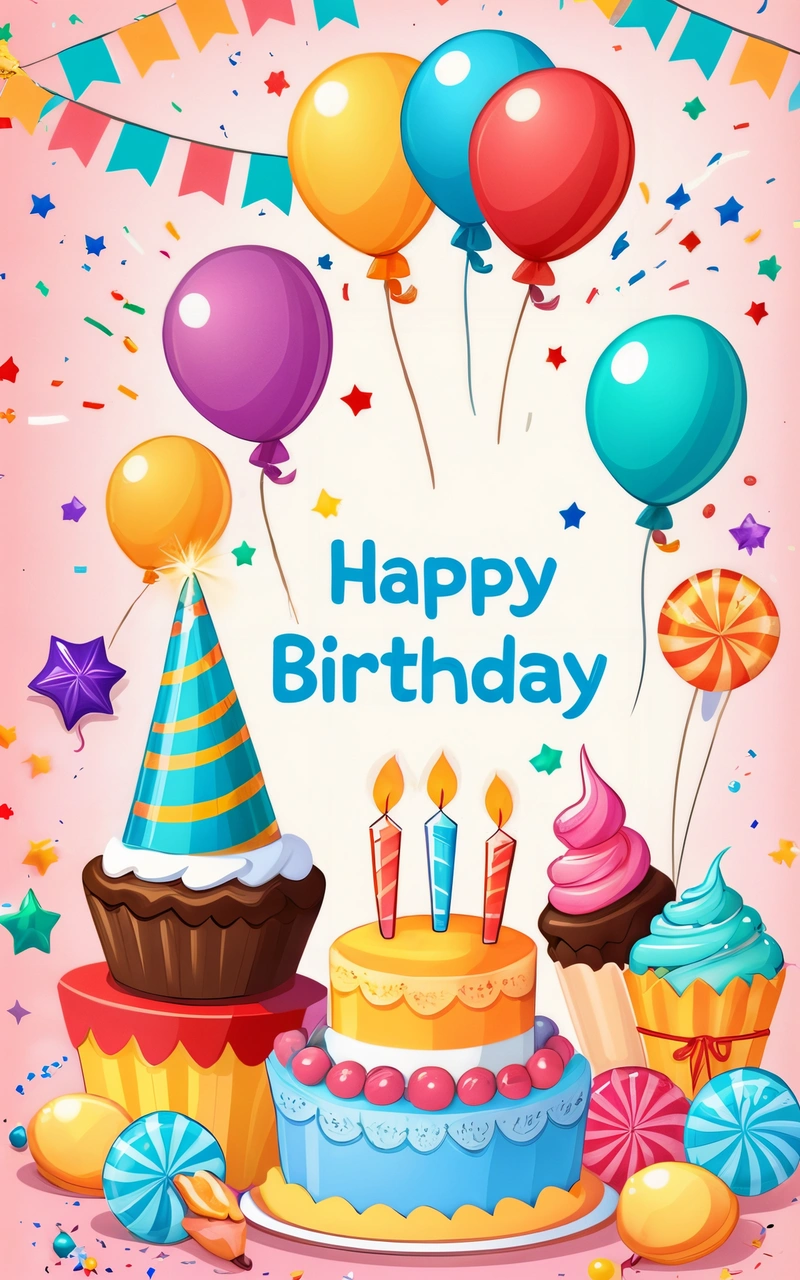 A Birthday card with a cake and balloons on it with a happy Birthday message in the middle of the card is a cupcake with candles and a, plain background, a pastel, naive art