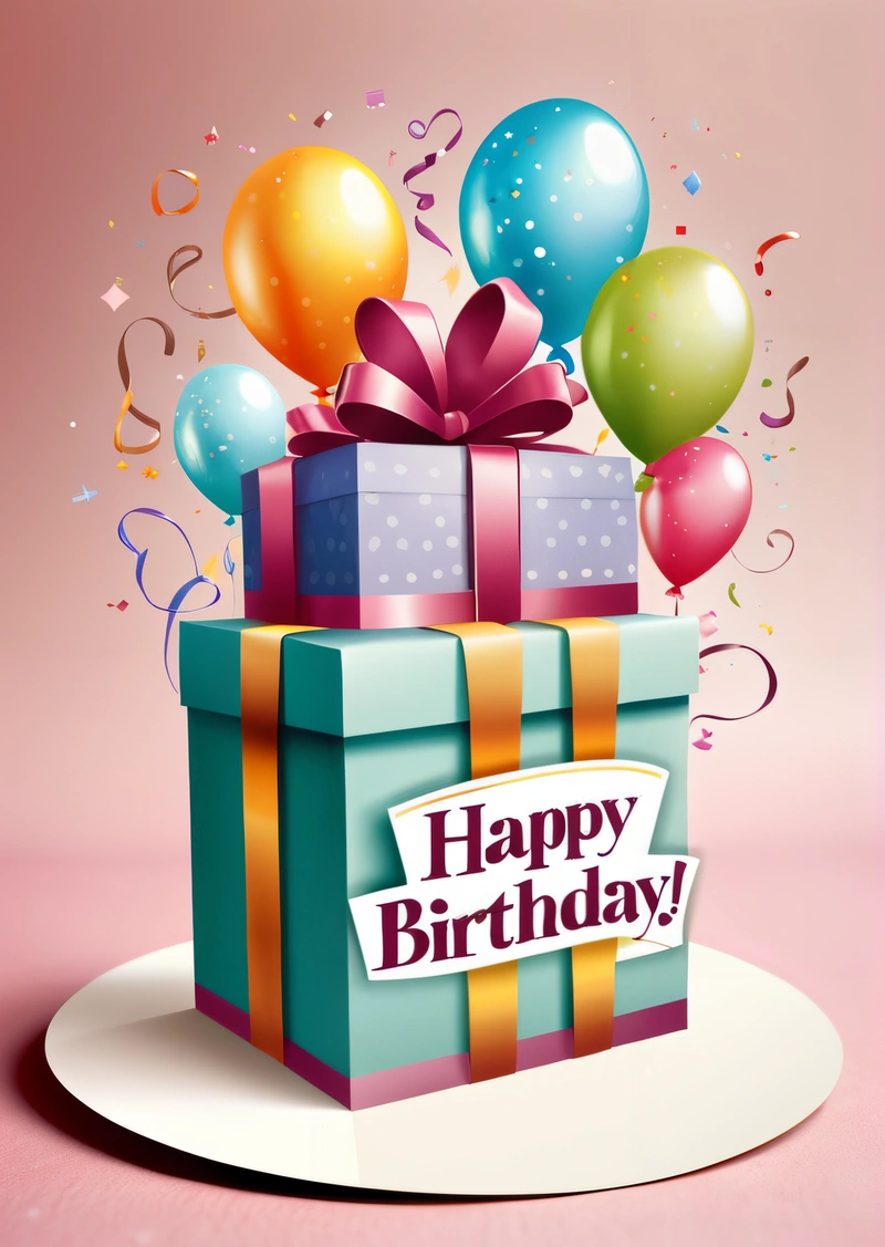 A Birthday card with a gift box and balloons on a plate with a pink background and a pink background with a pink background and a pink background, plain background, a pastel, international typographic style
