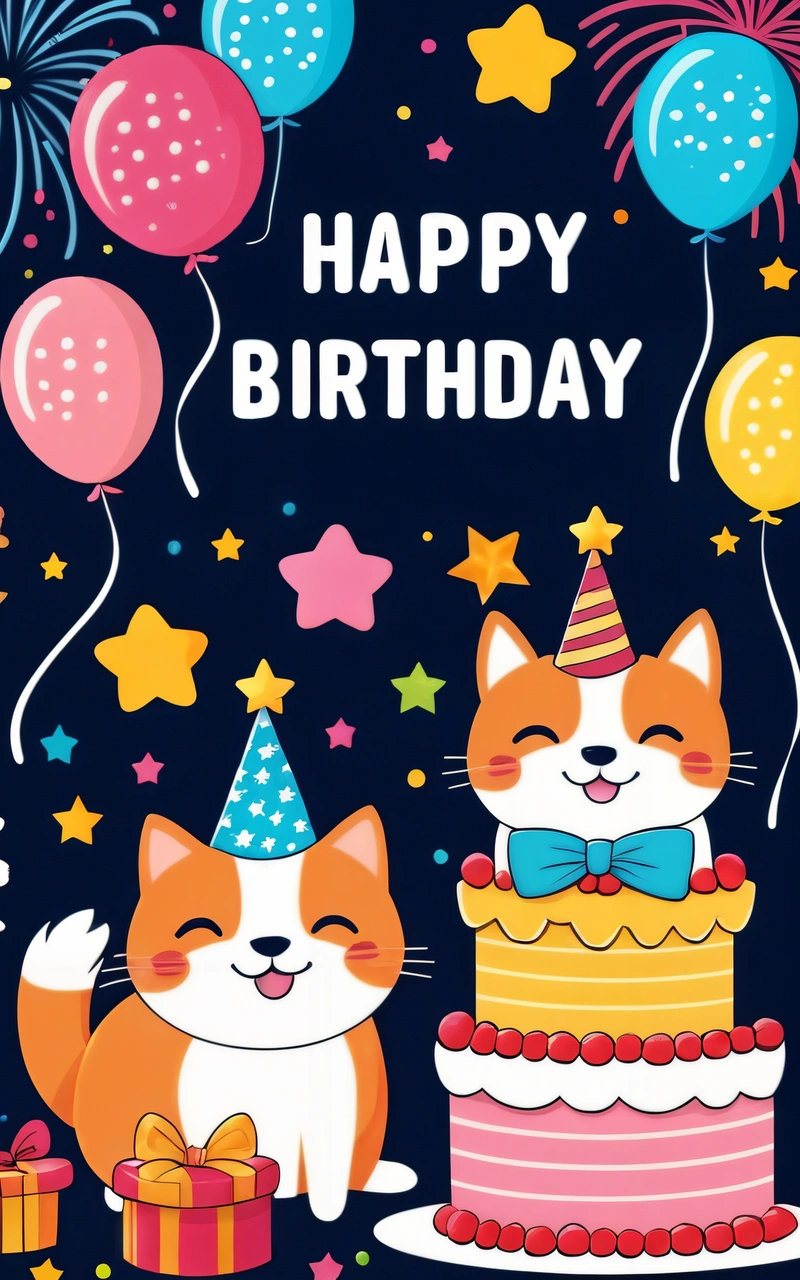 A Birthday card with two cats and a cake with balloons and stars on it, and a gift box with a bow on it, and a happy Birthday message, plain background, a pastel, furry art