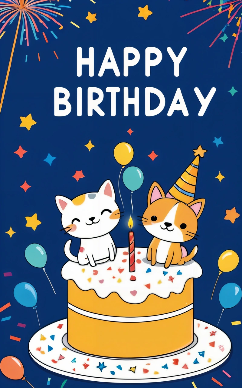A Birthday card with two cats on a cake and fireworks in the background with the words happy Birthday written on it and a cat on the cake, happy, a pastel, furry art