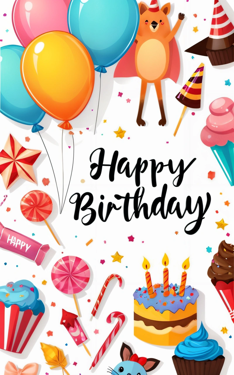 A Birthday card with a bunch of balloons and cake items on it, and a happy Birthday message in the middle of the card is a cartoon style, plain background, a pastel, international typographic style