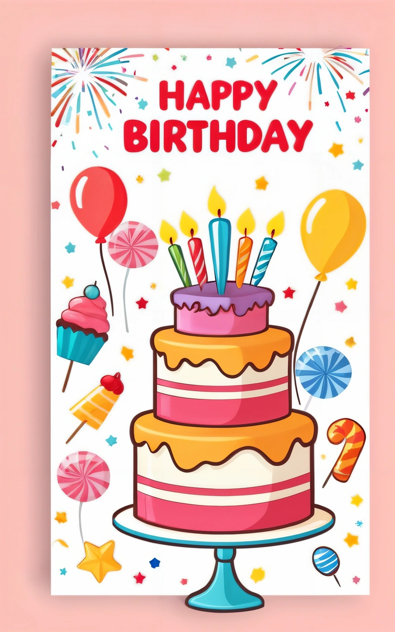 A Birthday card with a cake and balloons on it, and a happy Birthday message in the middle of the card reads, happy Birthday, plain background, a pastel, international typographic style