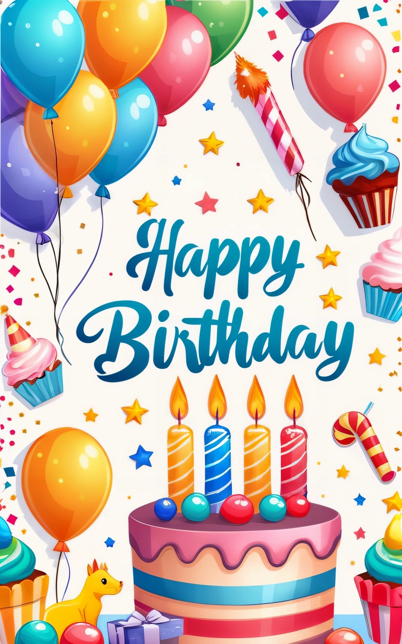 A Birthday card with a cake and balloons on it with a happy Birthday message in the middle of the card is a cupcake with candles and a bunch of balloons, plain background, a pastel, international typographic style